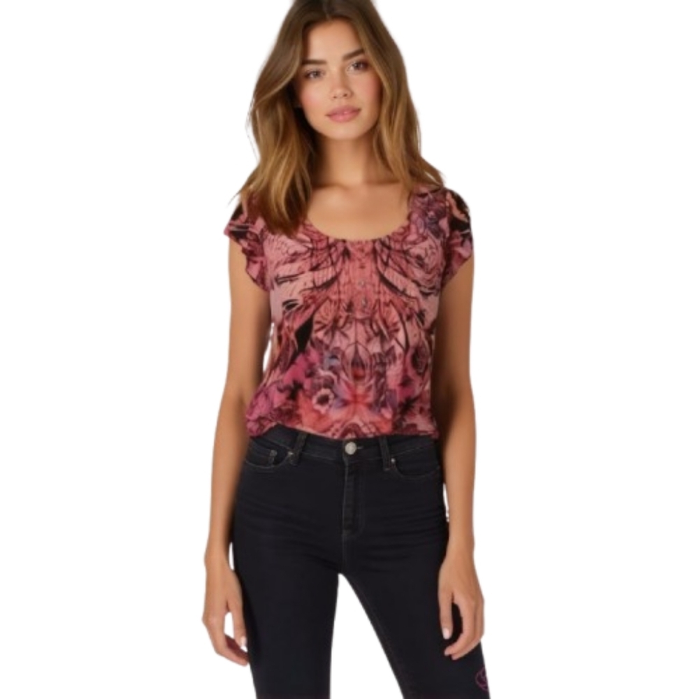Energe World Wear Pink Floral Rose Boho Bohemian Shirt Top Blouse